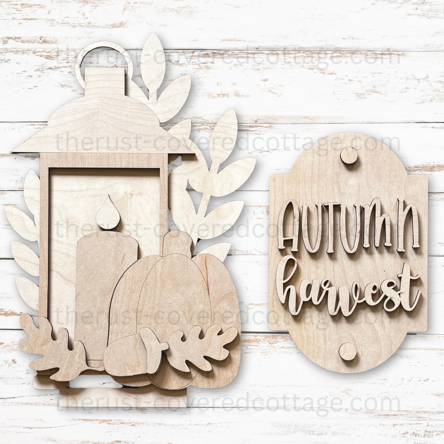 Unfinished Autumn Harvest Porch Leaner Insert DIY wood kit featuring a layered lantern, pumpkins, fall leaves and coordinating sign