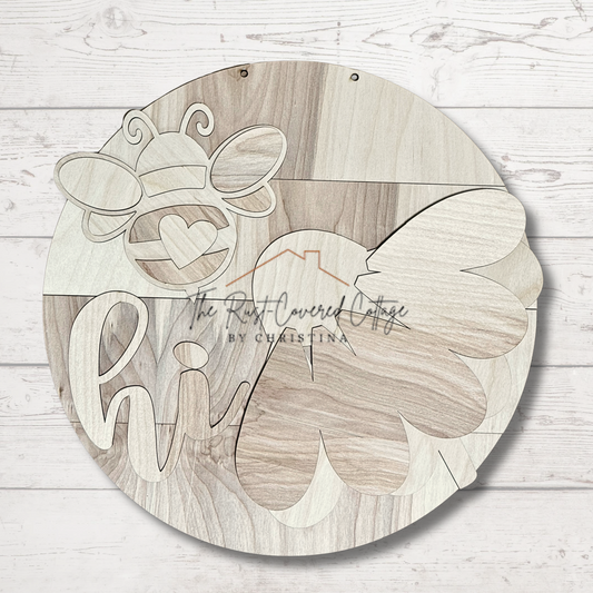 Hi" Daisy & Bee Door Hanger – Laser Cut Wood Round in 10.5" or 15"
