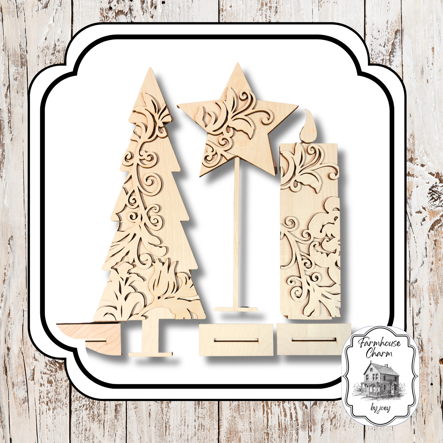 Farmhouse Flourish Christmas Set | DIY Laser-Cut | Wood Décor (Set of 3)