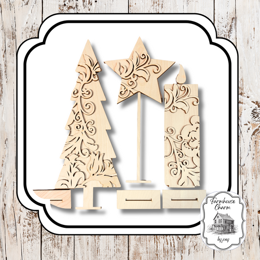 Farmhouse Flourish Christmas Set | DIY Laser-Cut | Wood Décor (Set of 3)