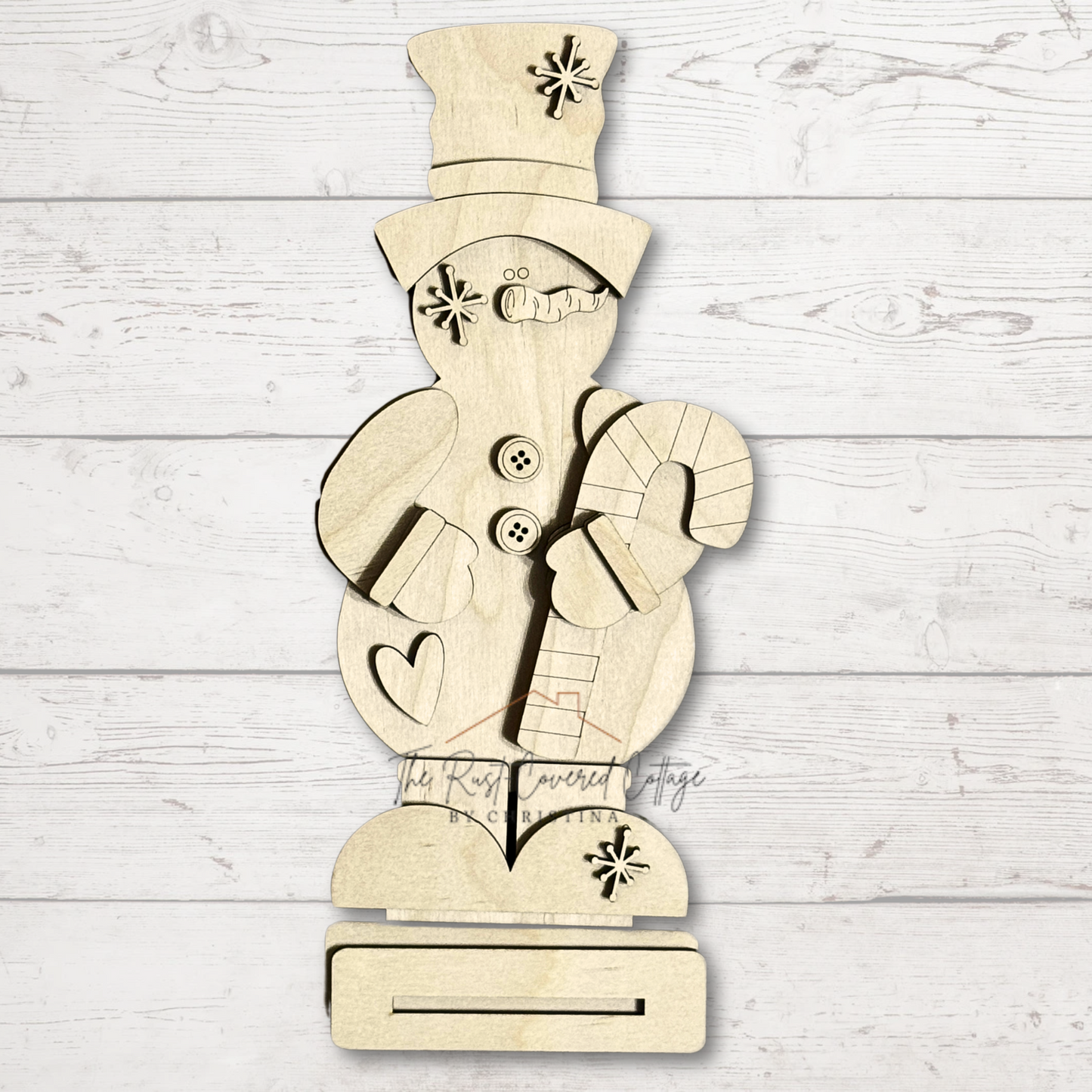 Candy Cane Snowman DIY Wood Kit – Unfinished 1/4" Birch Laser Cut | Winter Decor, Shelf Sitter, Rustic Christmas Craft