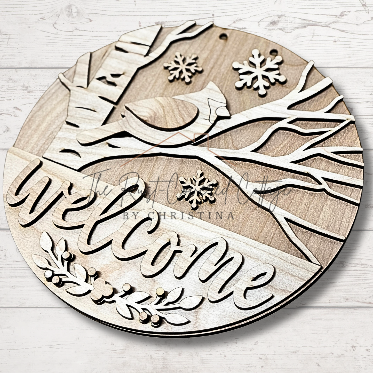 Winter Cardinal Welcome Round DIY Wood Kit | Laser Cut Birch | Available in 10.5" & 15"