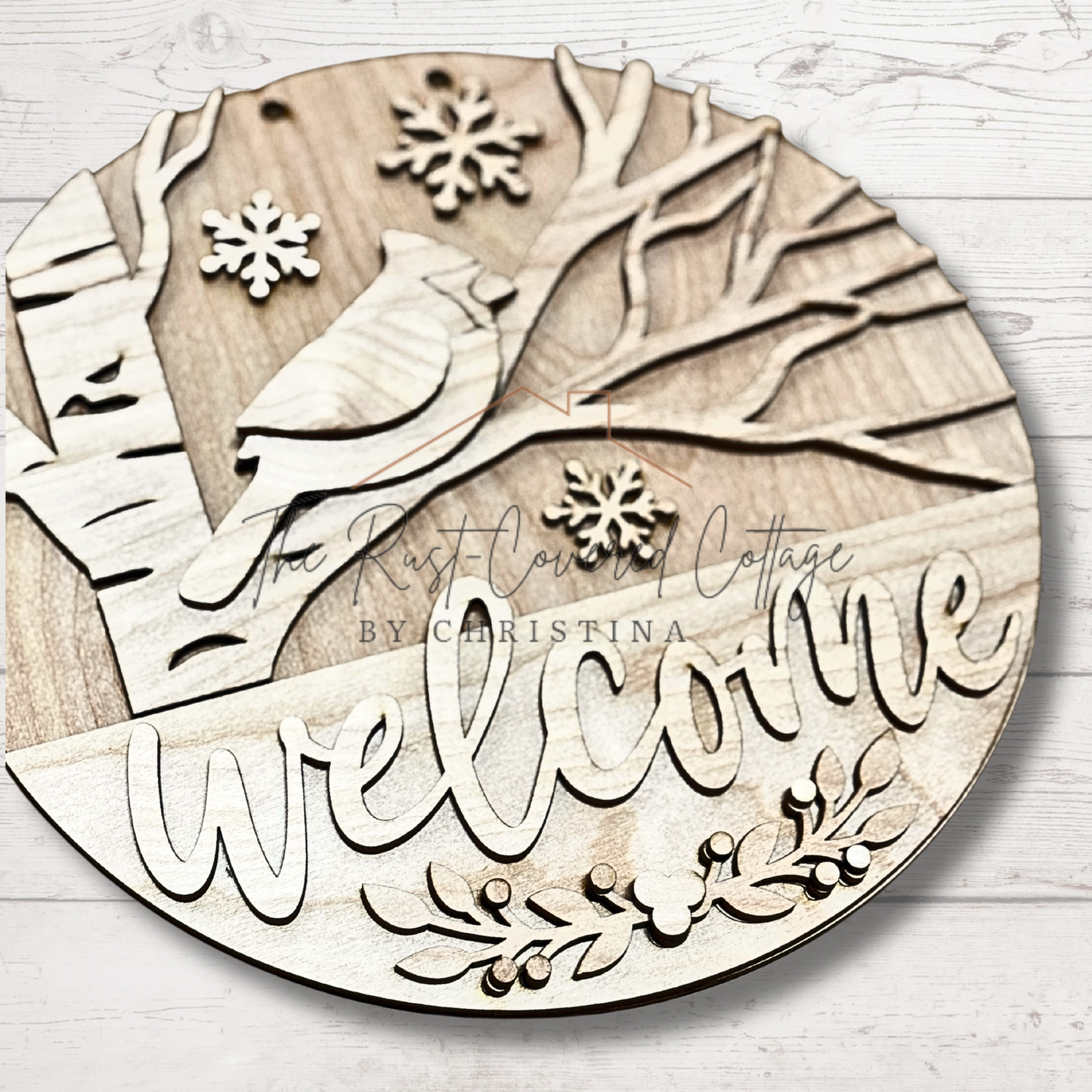 Winter Cardinal Welcome Round DIY Wood Kit | Laser Cut Birch | Available in 10.5" & 15"