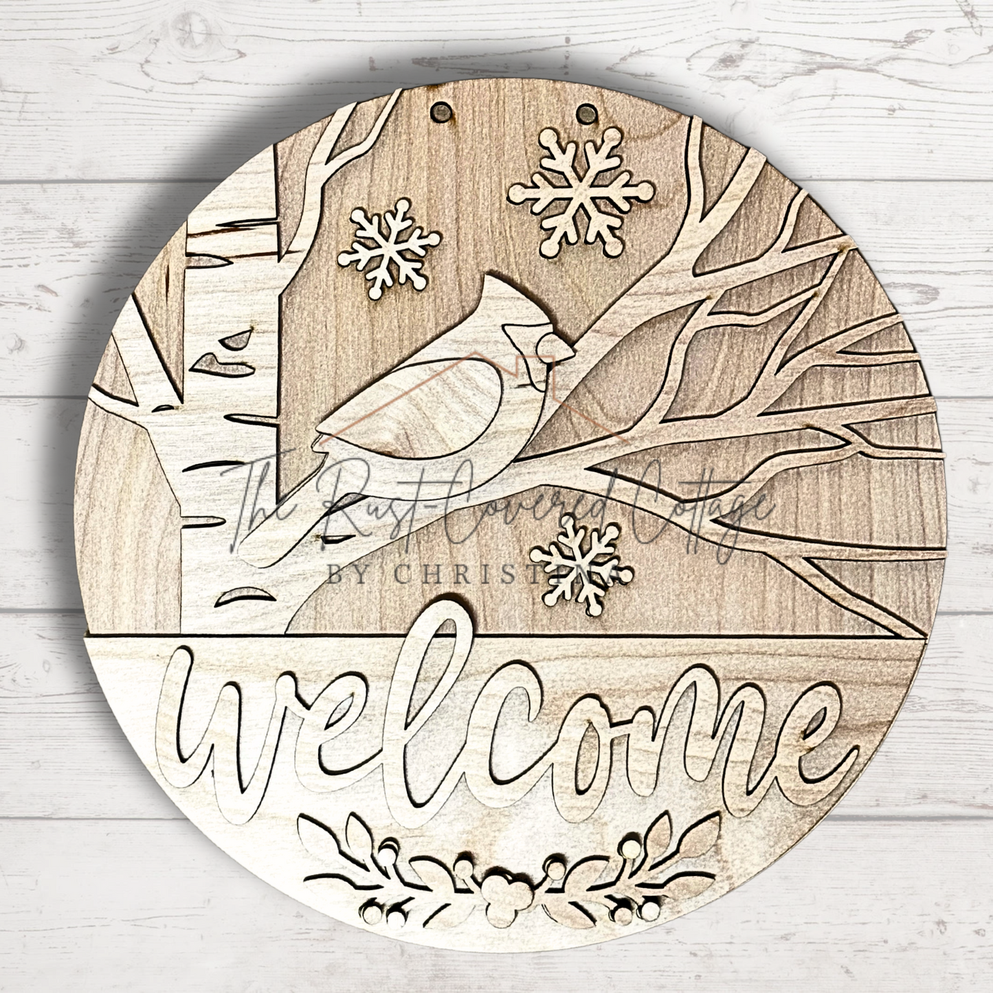 Winter Cardinal Welcome Round DIY Wood Kit | Laser Cut Birch | Available in 10.5" & 15"