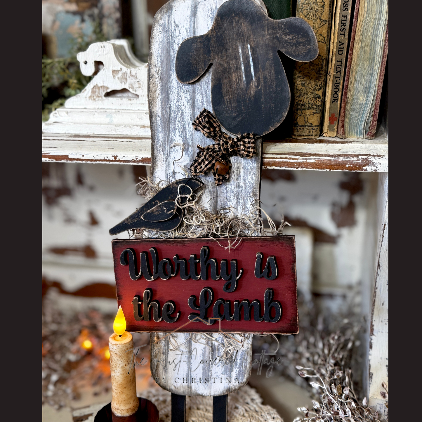 Primitive Sheep with "Worthy is the Lamb" Wooden Sign – Unfinished DIY Kit