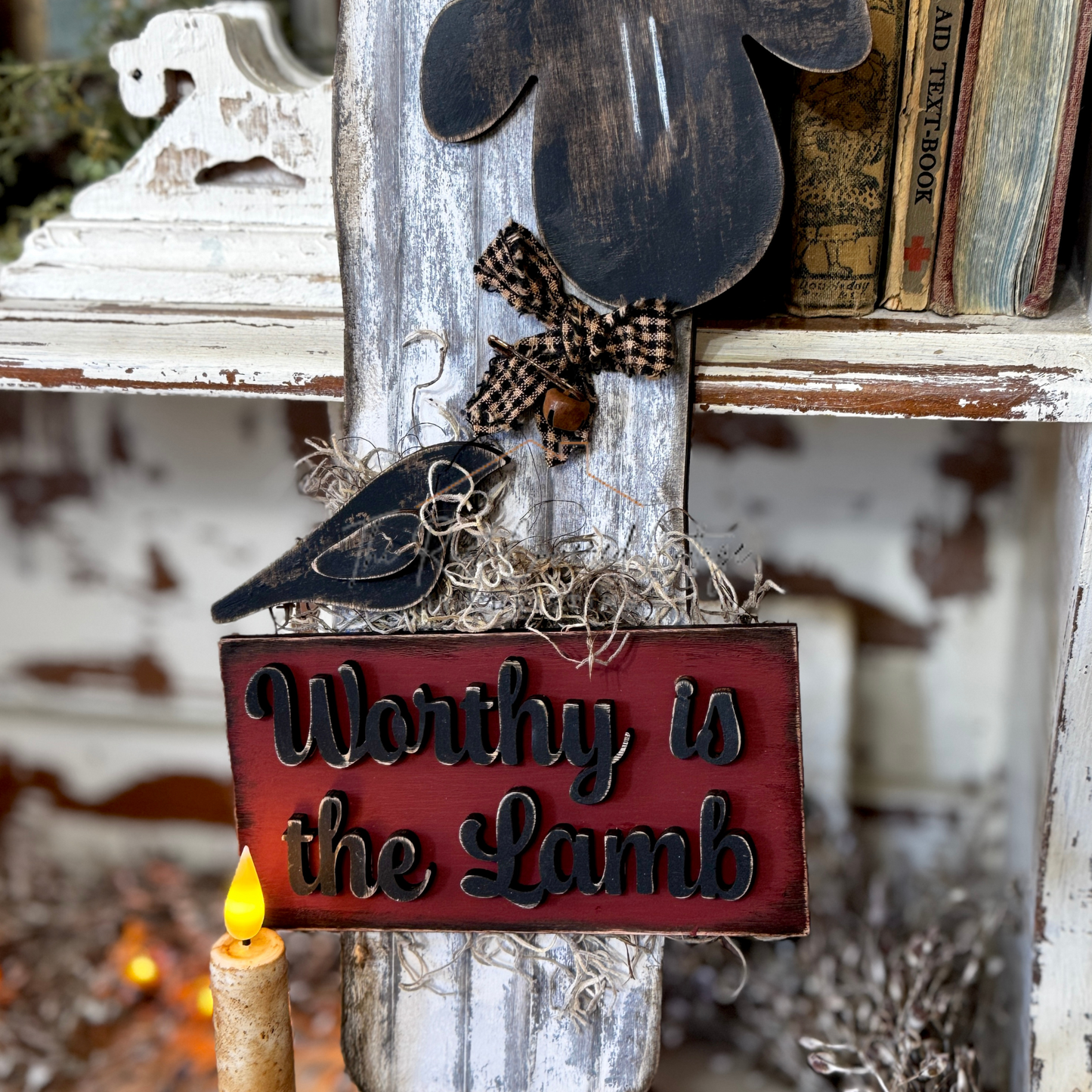 Primitive Sheep with "Worthy is the Lamb" Wooden Sign – Unfinished DIY Kit