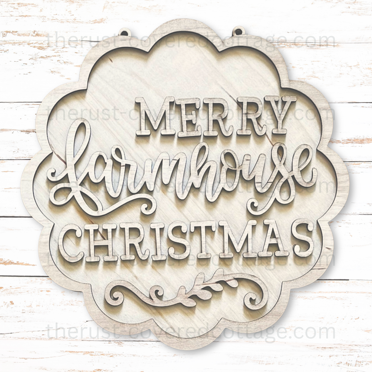 Unfinished Merry Farmhouse Christmas Hanging Sign wood kit with layered lettering, scalloped border, leafy scroll and two hanging holes.