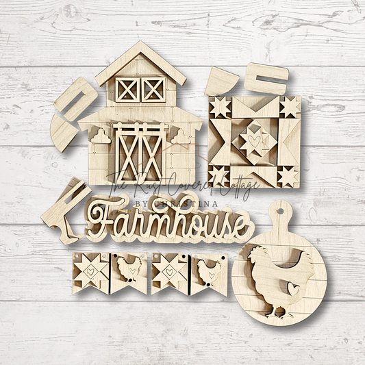 Farmhouse Decor DIY Wood Kit – Unfinished 1/4" Birch Set | Barn, Quilt Block, Word Sign, Banner & Cutting Board