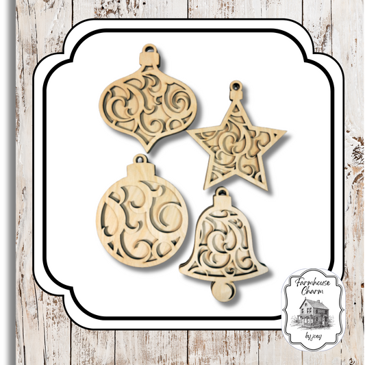 Filigree Ornament Set – 4 | 6" Birch Ornaments| Laser-Cut | DIY