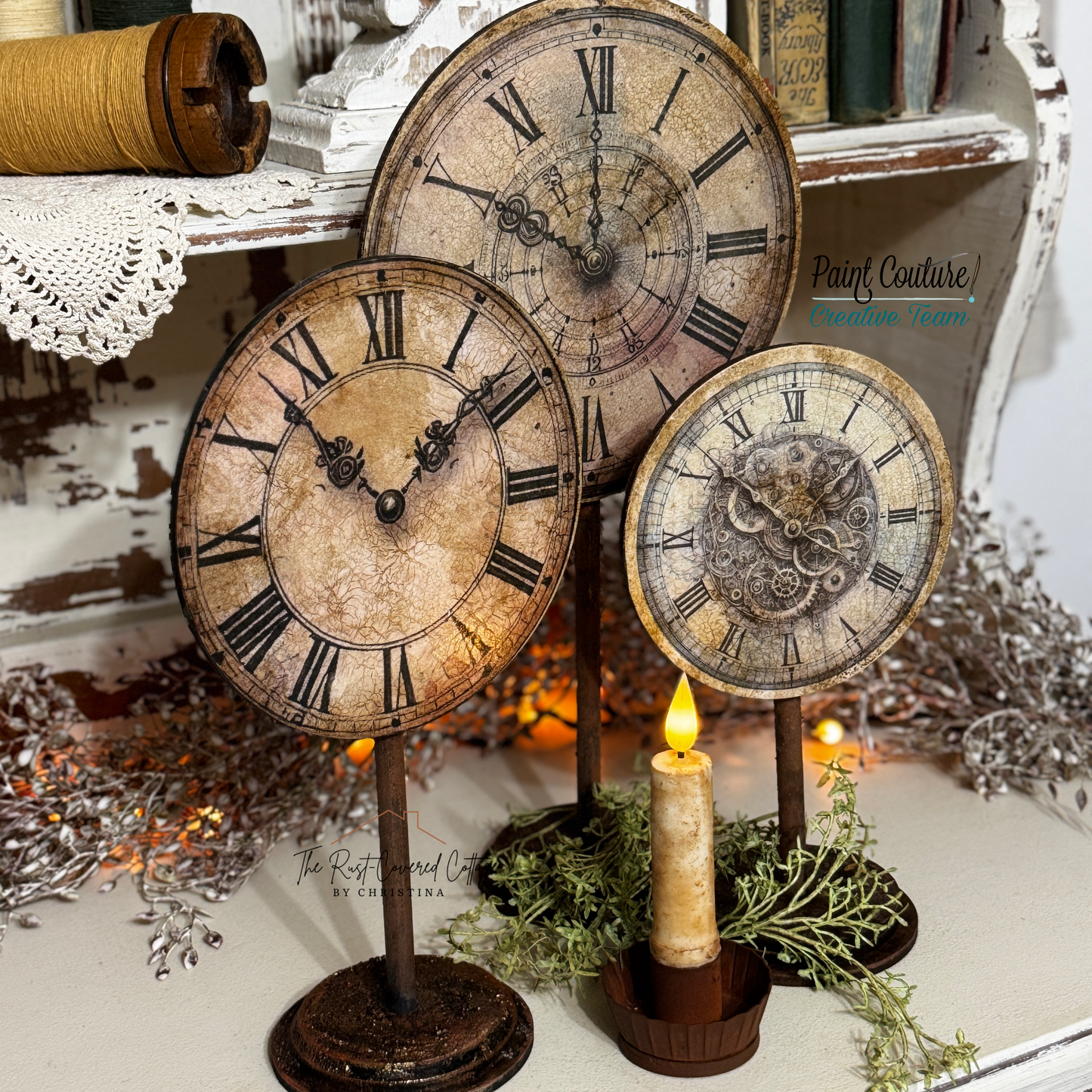 Vintage Clock Face Trio with Stands – Digital Download Included