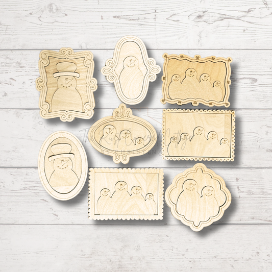 Framed Snowmen DIY Wood Kit | Set of 8 Laser Cut Birch Ornaments (4" - 5")