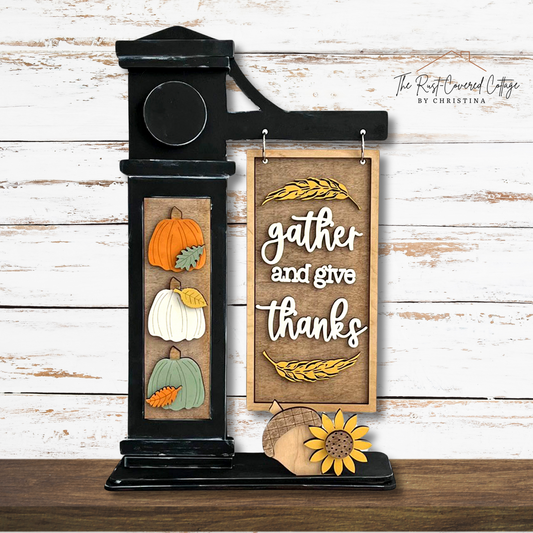 Gather & Give Thanks | Fall Insert for Interchangeable Standing Sign Post – Unfinished DIY Wood Kit