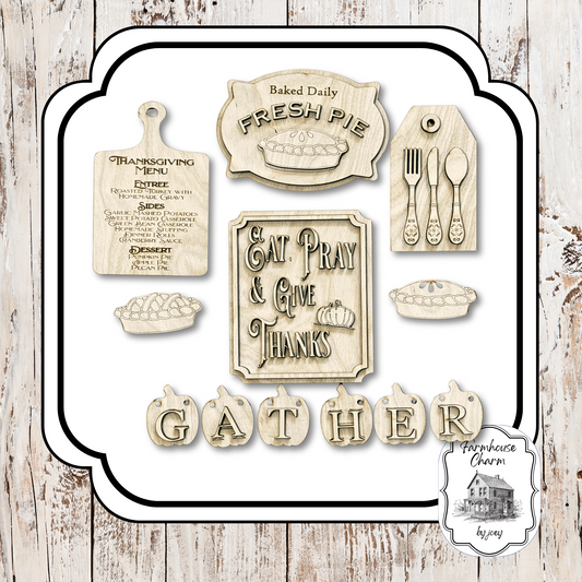Gather & Give Thanks Décor Set | Farmhouse Charm Unfinished Wood Kit – Thanksgiving DIY