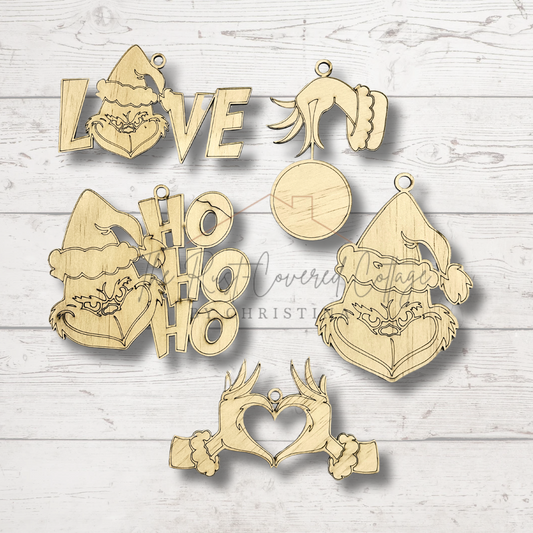 Grinch-Inspired Ornament Set | 5-Piece DIY Wood Kit | Laser Cut Christmas Crafts