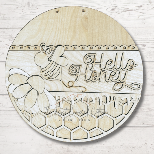 Hello Honey Bee Door Hanger – Laser Cut Wood Round in 10.5" or 15"