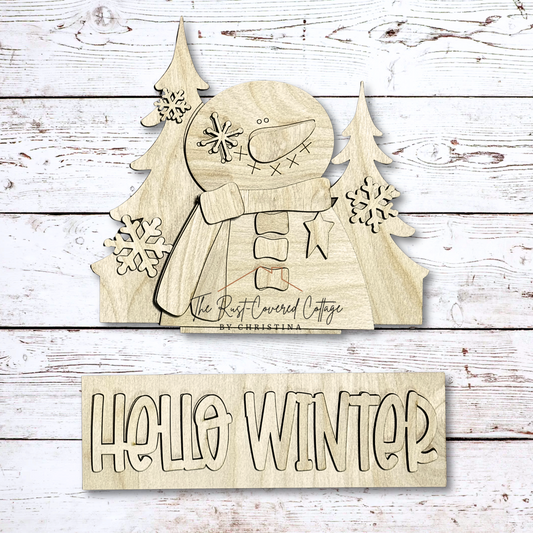 Hello Winter Insert | Interchangeable Window Box Sign | DIY Snowman Wood Kit