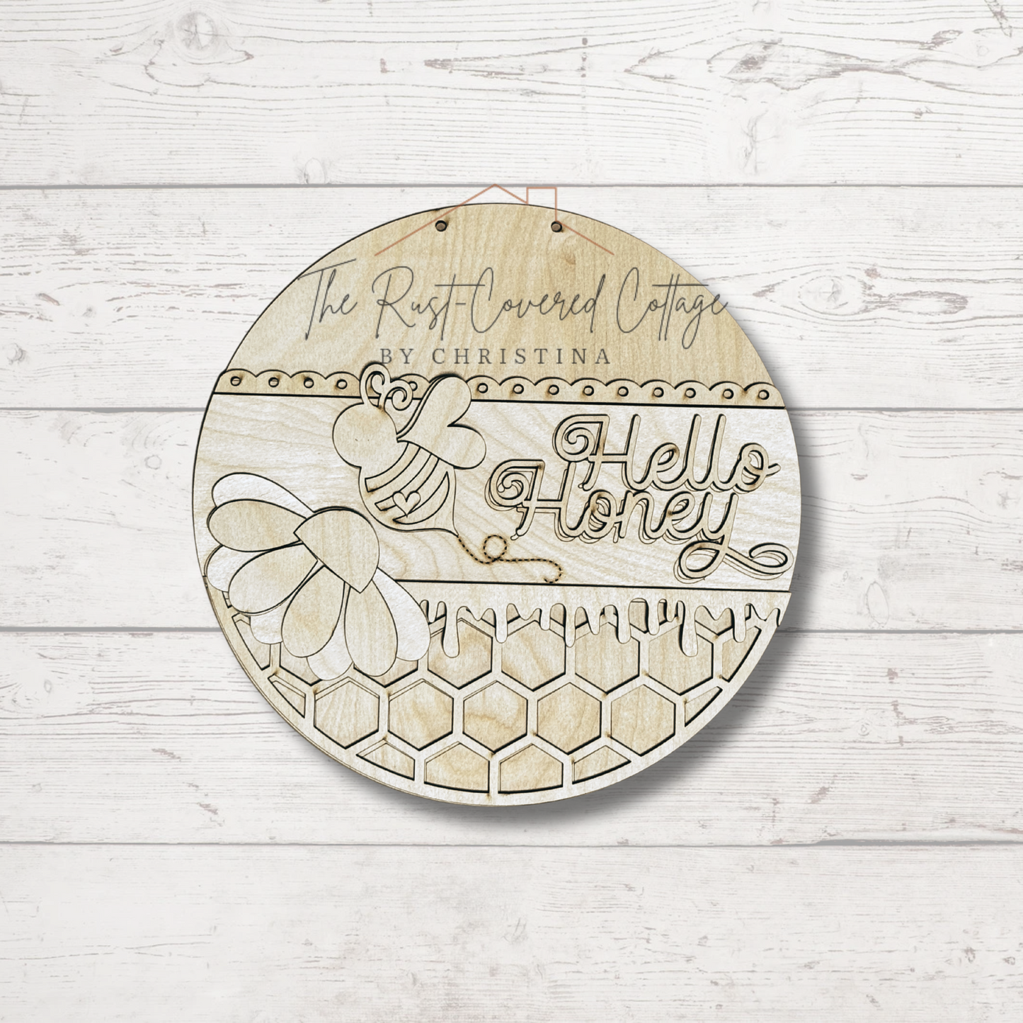 Hello Honey Bee Door Hanger – Laser Cut Wood Round in 10.5" or 15"