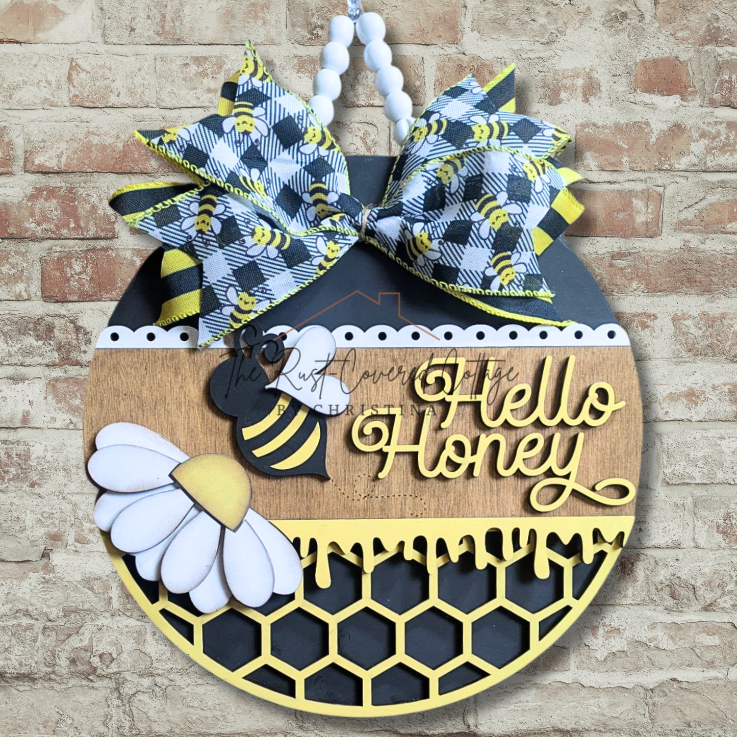 Hello Honey Bee Door Hanger – Laser Cut Wood Round in 10.5" or 15"