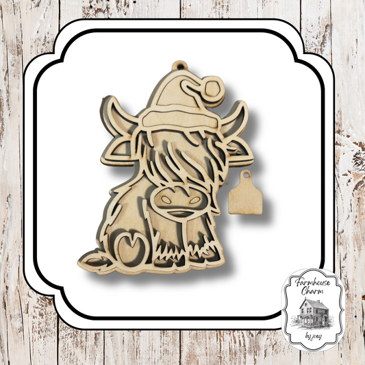 Highland Cow Christmas Ornament | Laser-Cut | DIY Wood Kit