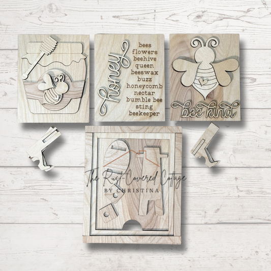 Honey Bee Sign Trio – DIY Mini Sign Set with Easels & Interchangeable Frame
