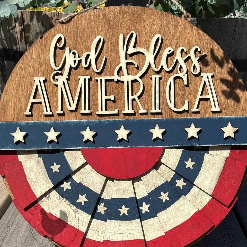 God Bless America Bunting Round – 12" Laser Cut DIY Wood Kit