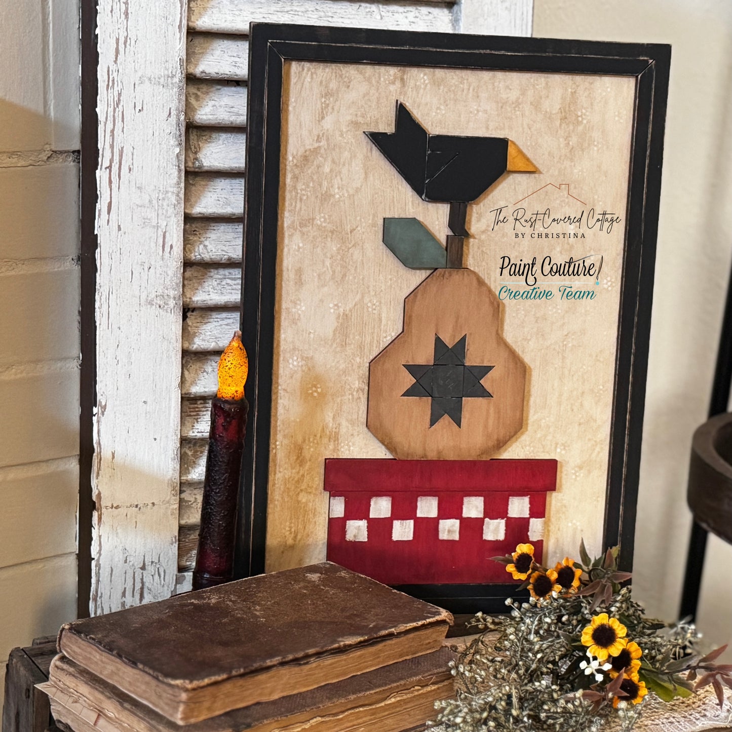 Primitive Pear & Crow Stacker Quilt Block | FINISHED