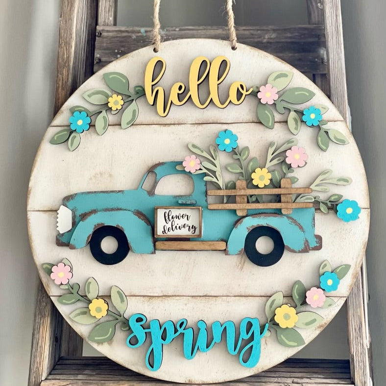 Hello Spring Flower Truck Door Hanger
