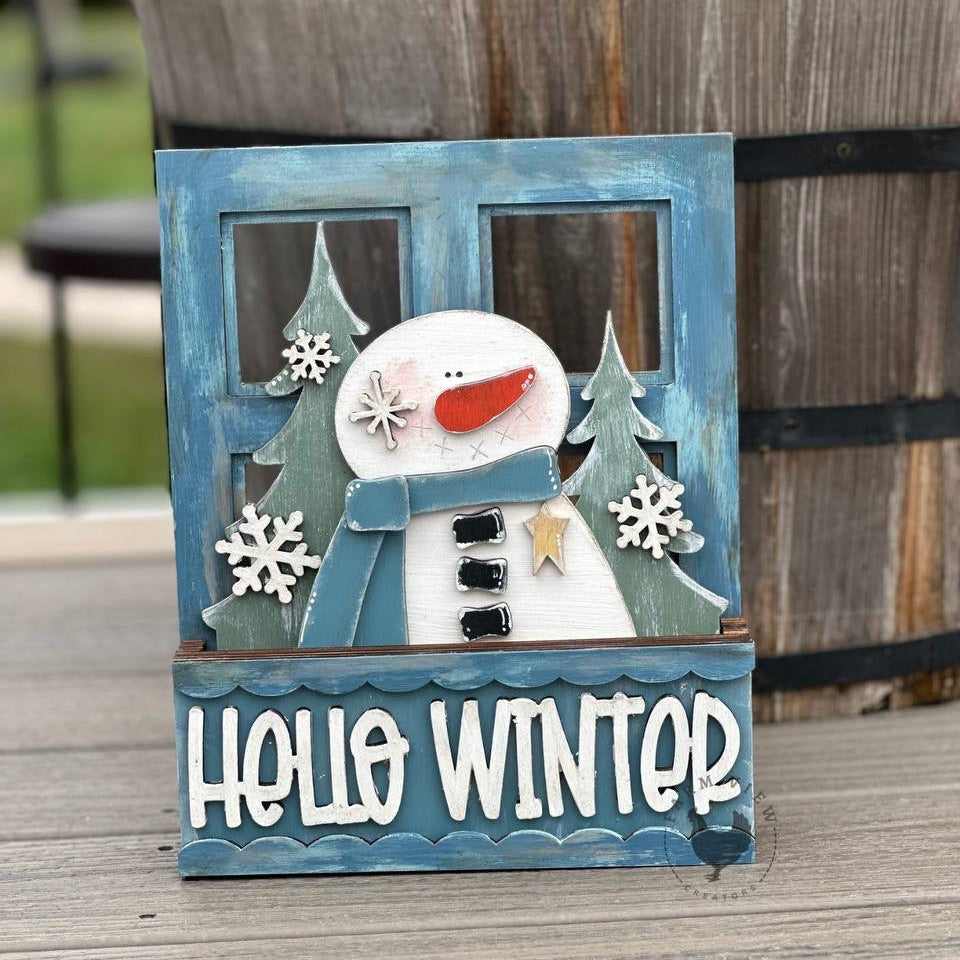 Hello Winter Insert | Interchangeable Window Box Sign | DIY Snowman Wood Kit