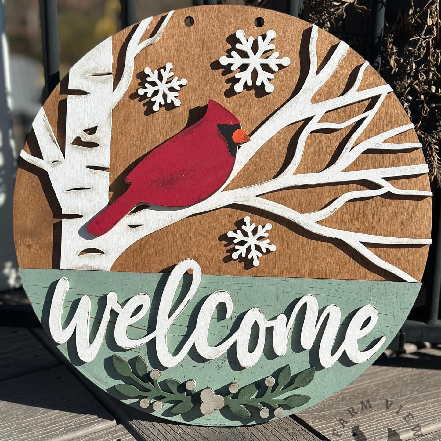 Winter Cardinal Welcome Round DIY Wood Kit | Laser Cut Birch | Available in 10.5" & 15"
