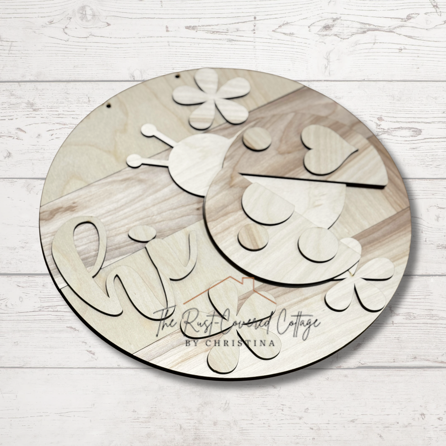 "Hi" Ladybug Door Hanger – Laser Cut Wood Round in 10.5" or 15"