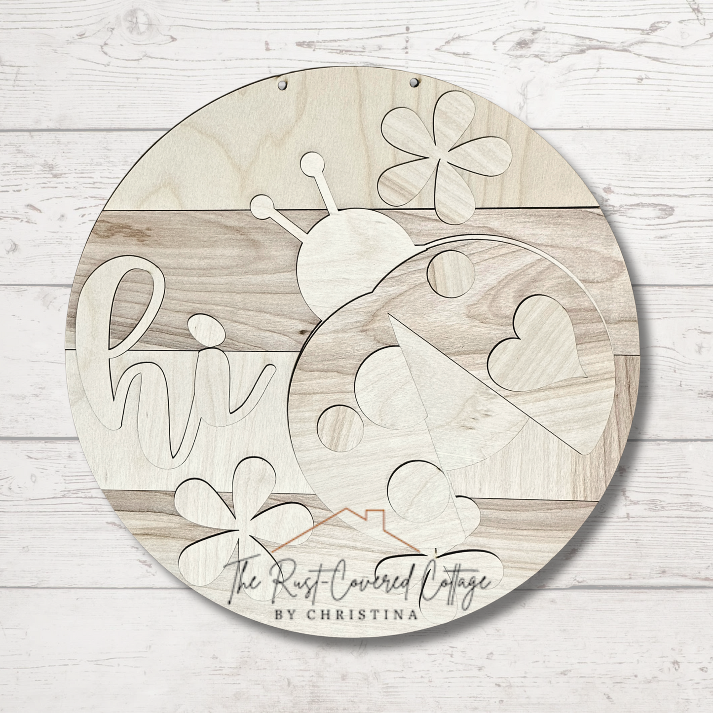 "Hi" Ladybug Door Hanger – Laser Cut Wood Round in 10.5" or 15"