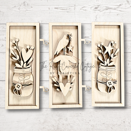 Mason Jar Hinged Signs DIY Kit – Unfinished Laser Cut Wood Decor | 3-Panel Set | 1/4” Birch (Each 10.5" x 4.25")