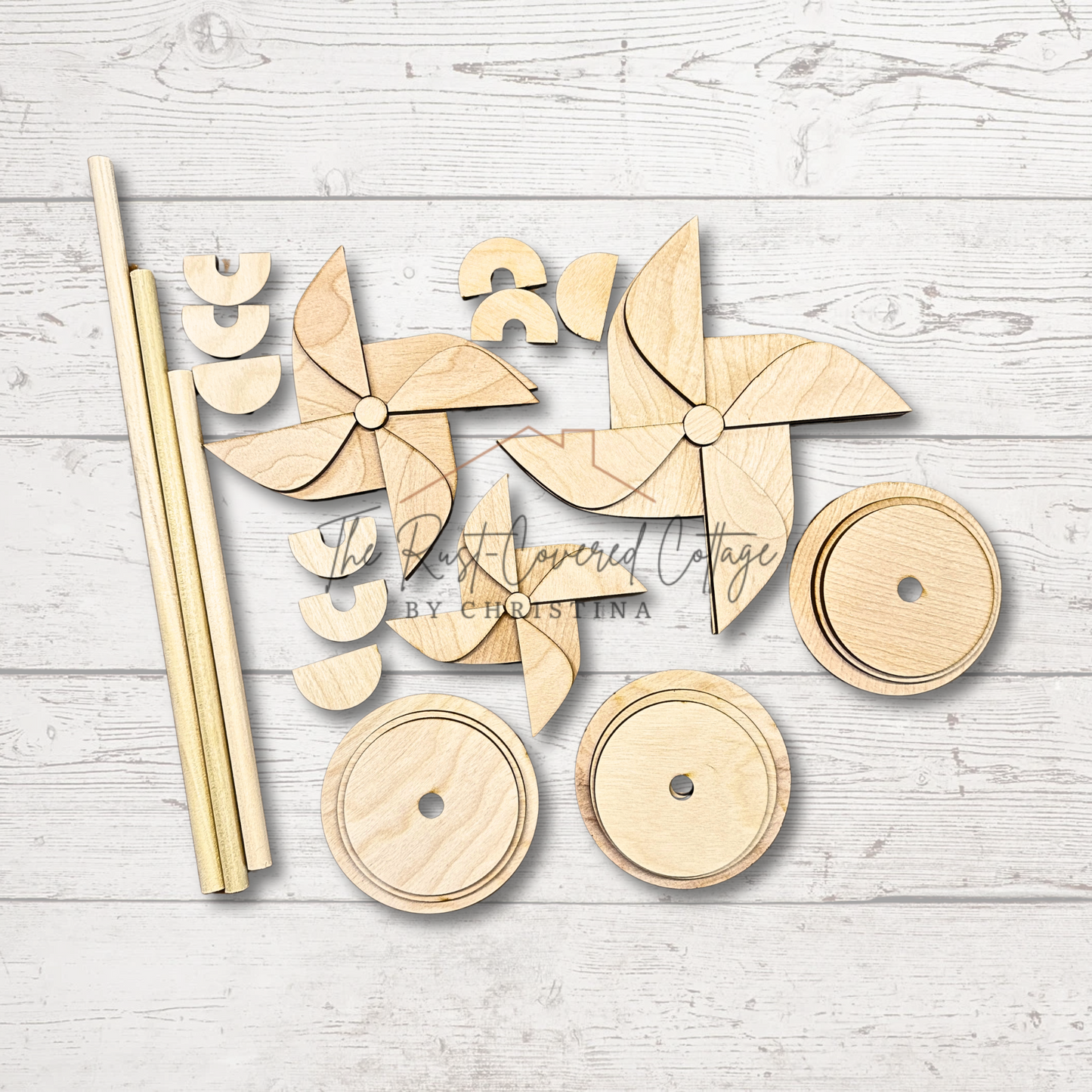 DIY Primitive Pinwheel Wood Kit | Unfinished Laser Cut Summer Craft with Printable Paper