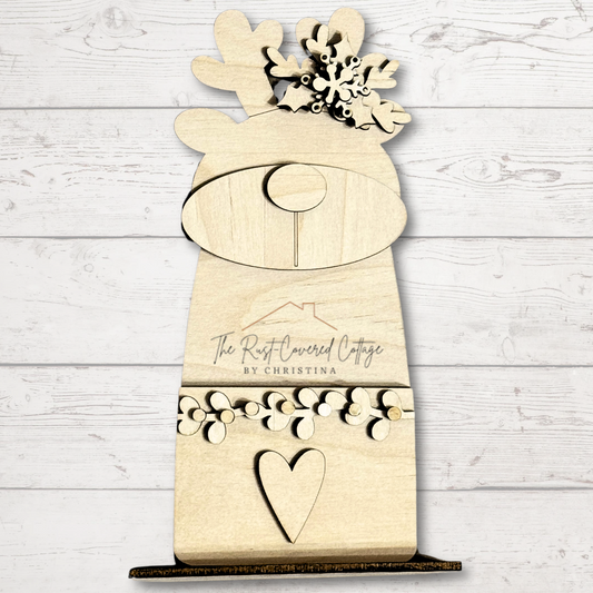 Prim Reindeer Pocket DIY Wood Kit – Unfinished 1/4" Birch | Christmas Craft, Rustic Reindeer Decor, Shelf Sitter