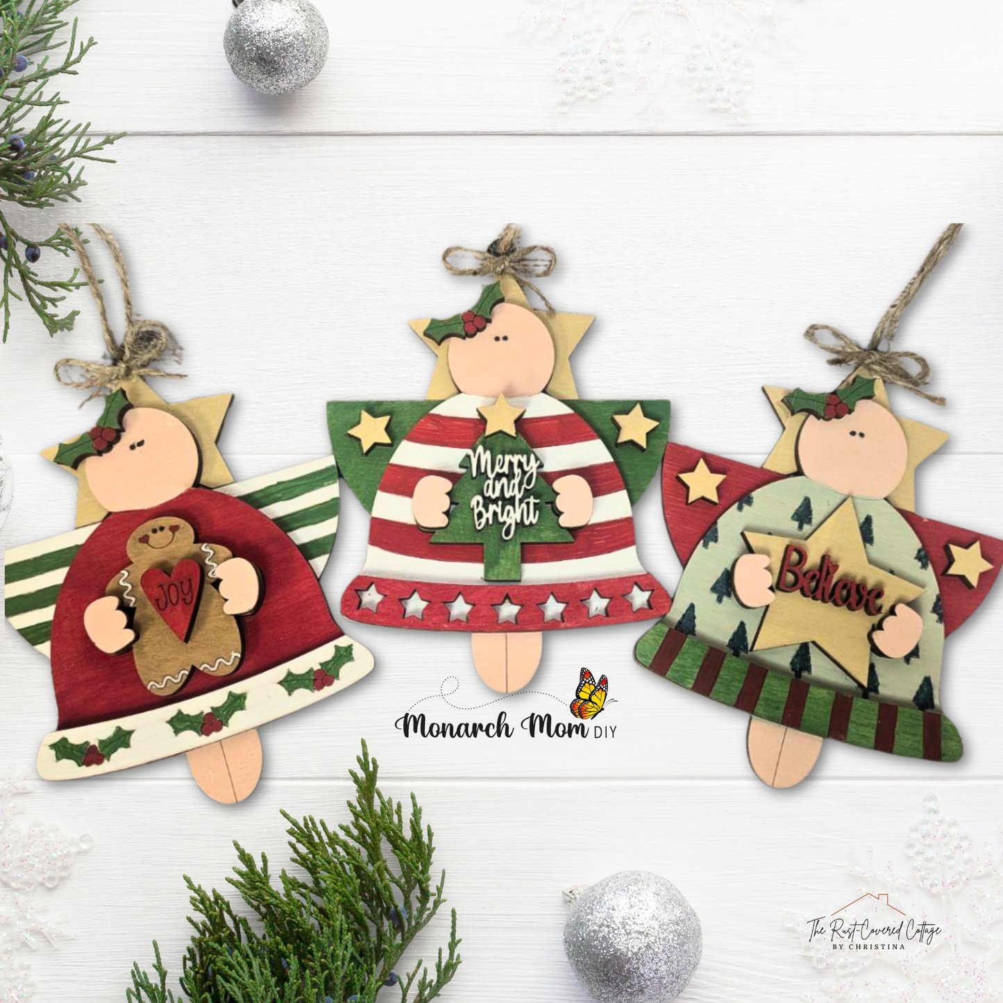 Primitive Christmas Angel Trio | Laser Cut Wood Ornament Set | Believe, Merry & Bright, Joy | 1/4" Birch, Unfinished