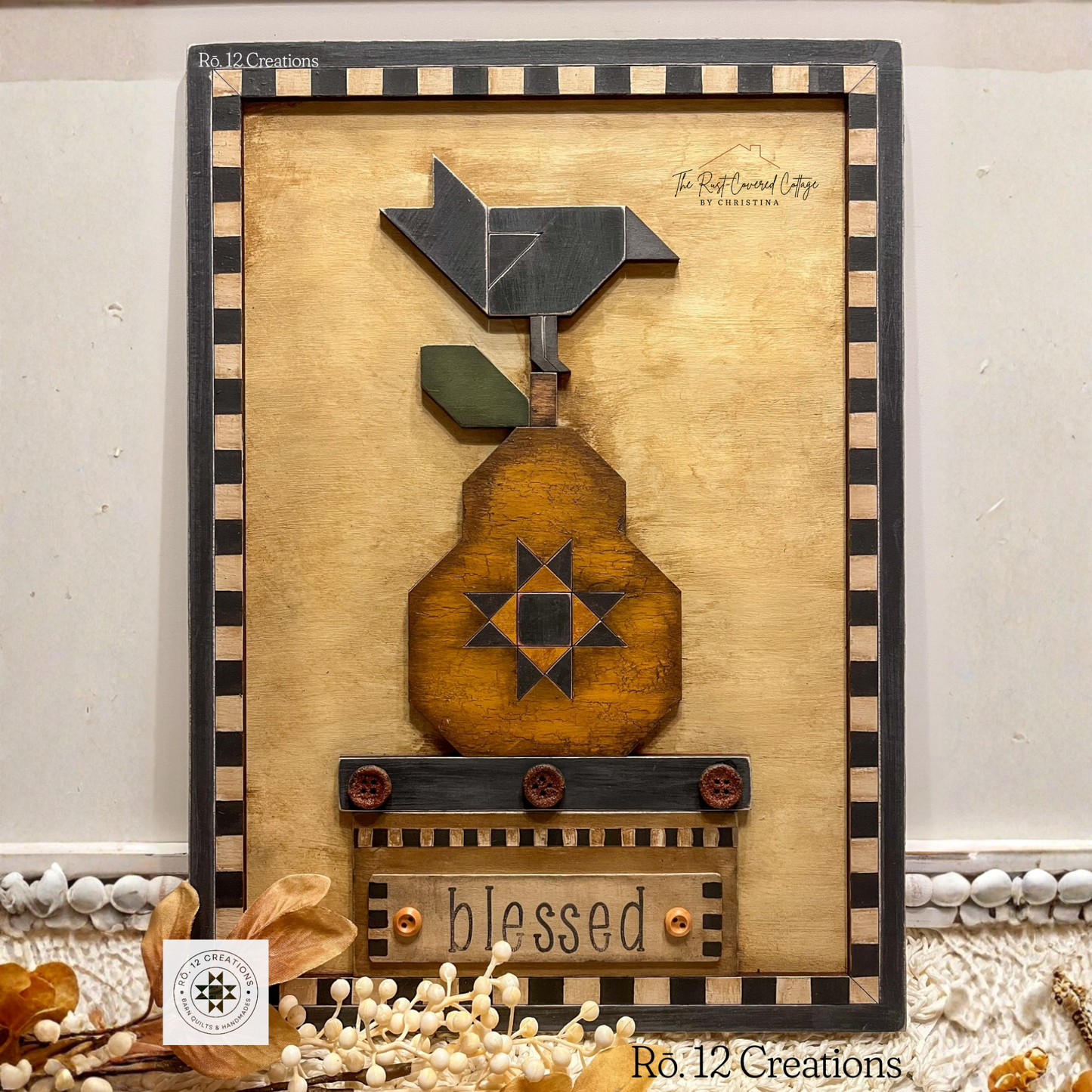 Primitive Pear & Crow Stacker Quilt Block – Laser Cut Wood Kit, 14" x 10" | 1/4" Birch