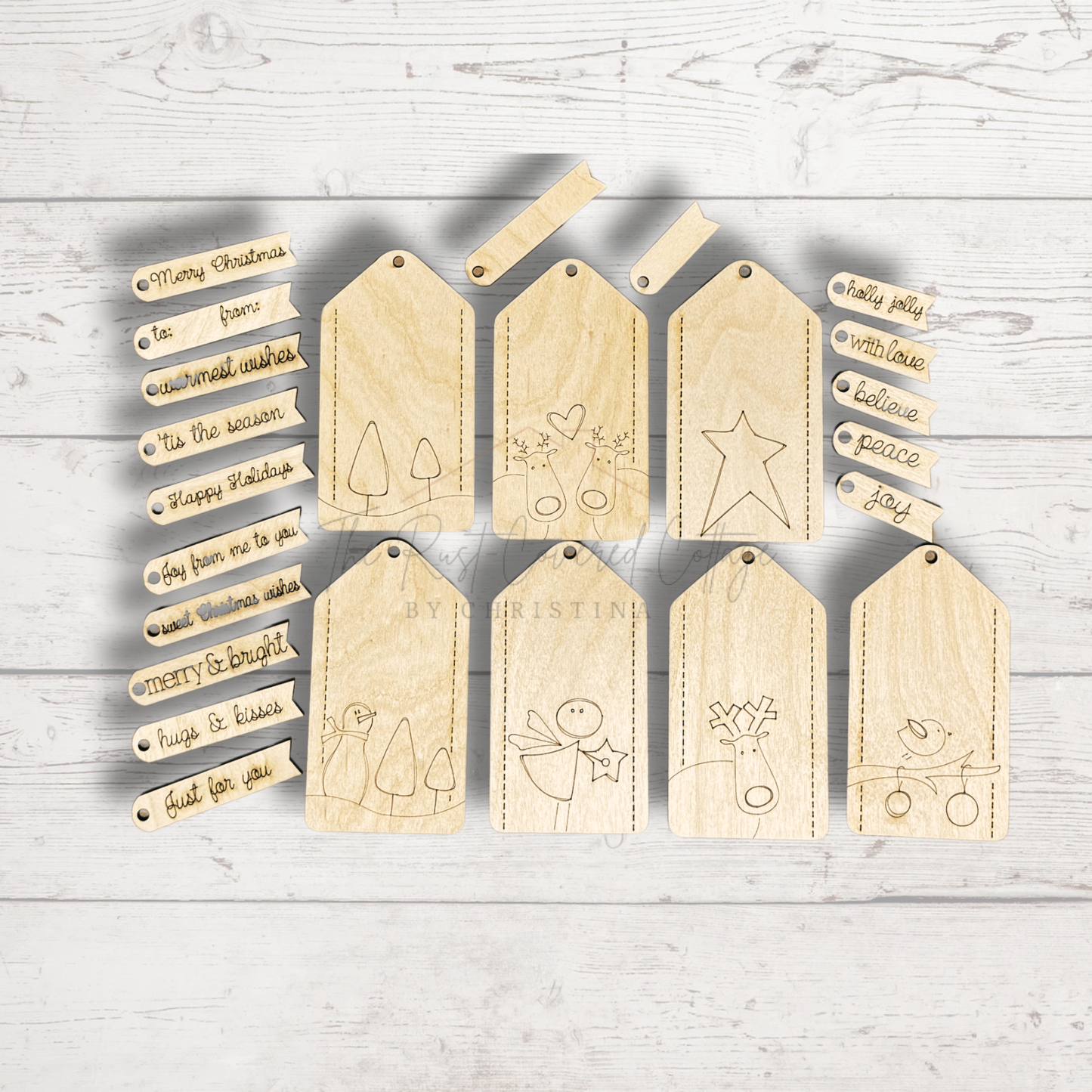 Rustic Folk Art Holiday Tags DIY Wood Kit | Set of 7 Laser Cut Birch Tags