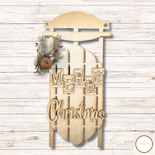 Merry Christmas Sled DIY Wood Kit | Unfinished Laser Cut Holiday Sled Sign (18.5" x 9")