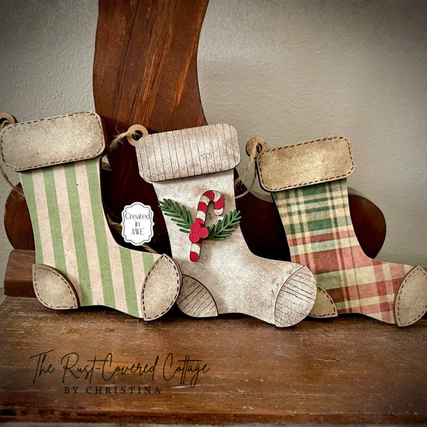 Set of 3 Christmas Stocking Ornaments | Farmhouse Holiday Decor