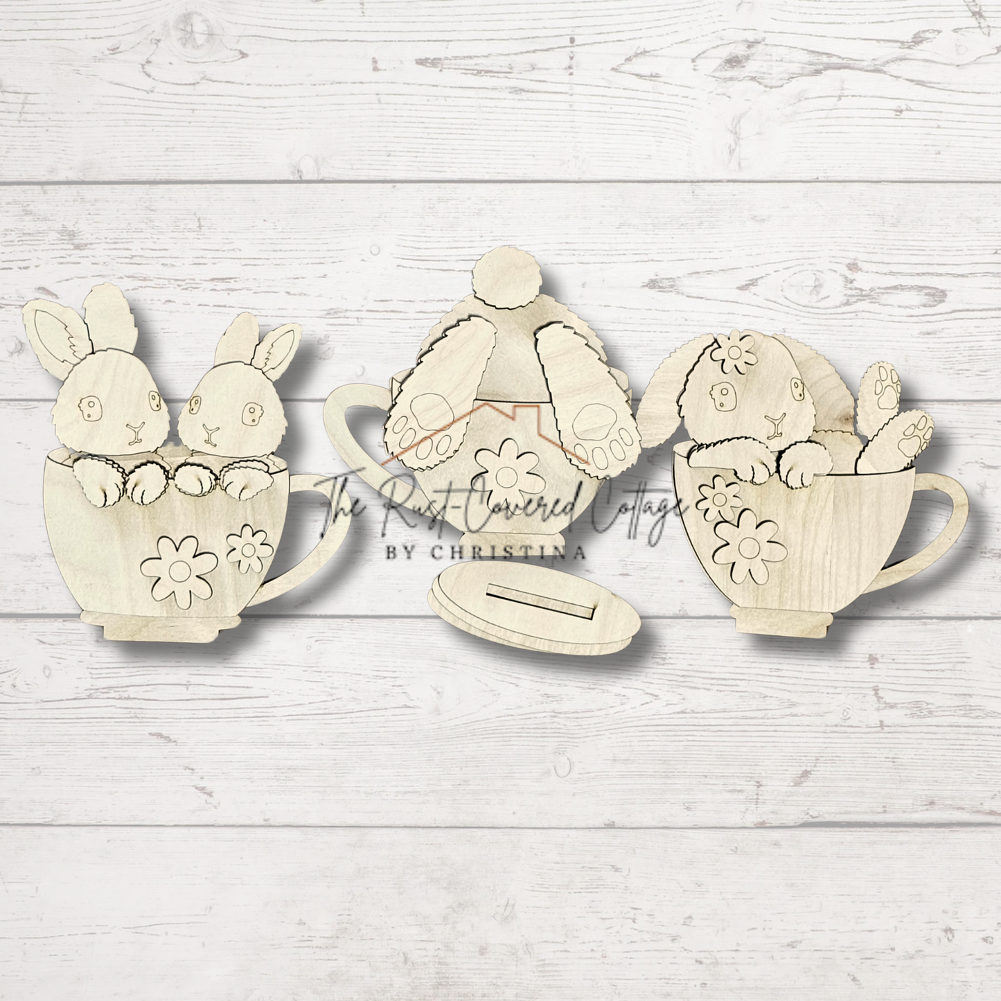 Tea Cup Bunnies Wood Kit | Set of 3 | Laser Cut DIY Spring Decor