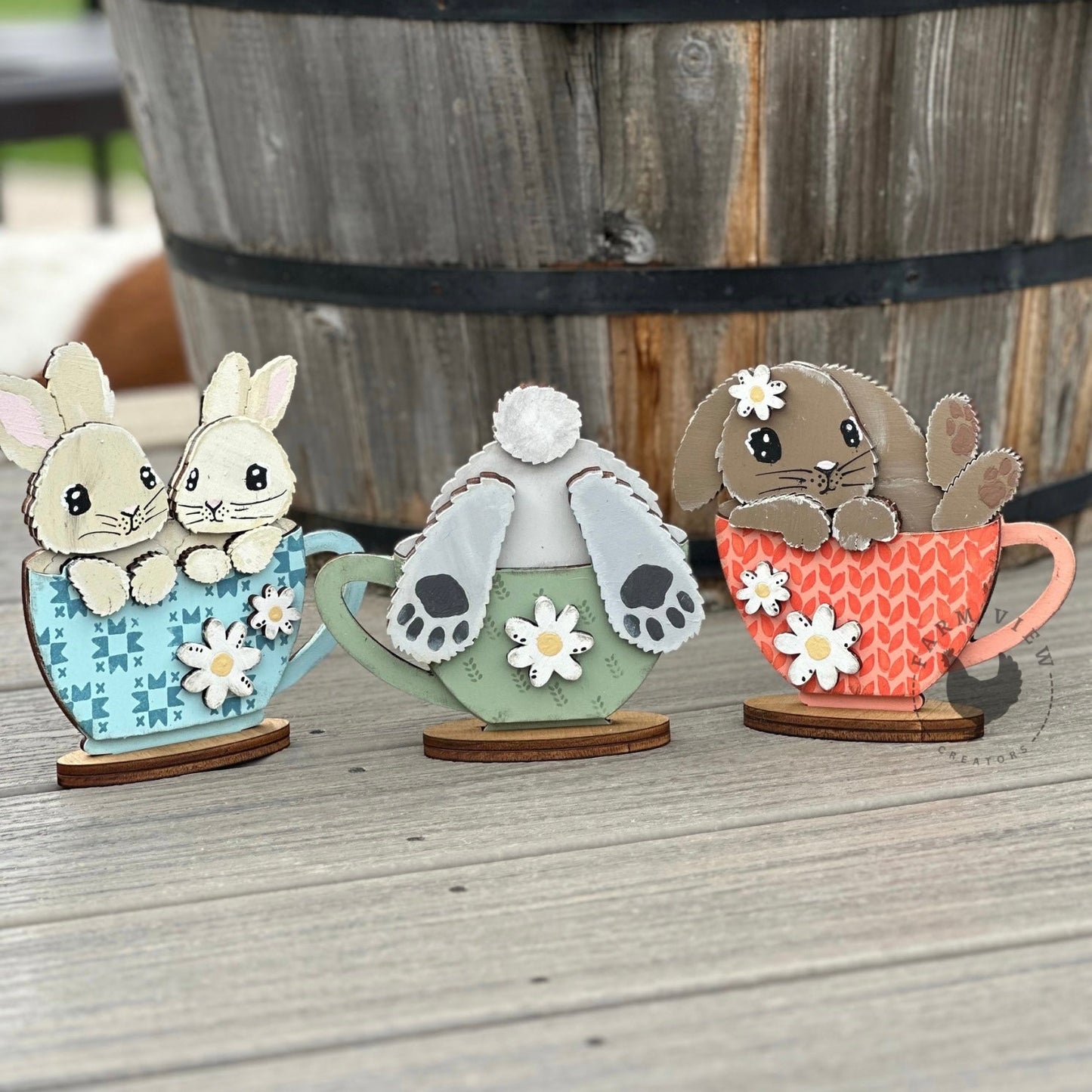Tea Cup Bunnies Wood Kit | Set of 3 | Laser Cut DIY Spring Decor