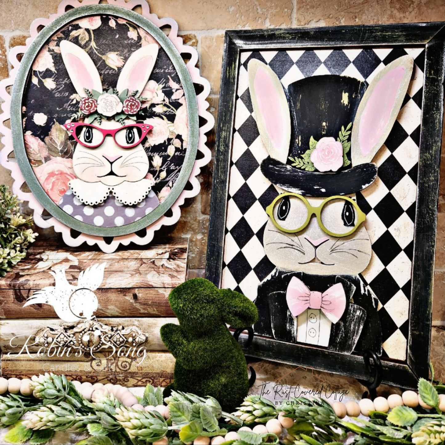 Vintage Bunny Wall Decor Set | Girl & Boy Bunny | Laser Cut Wood Kit