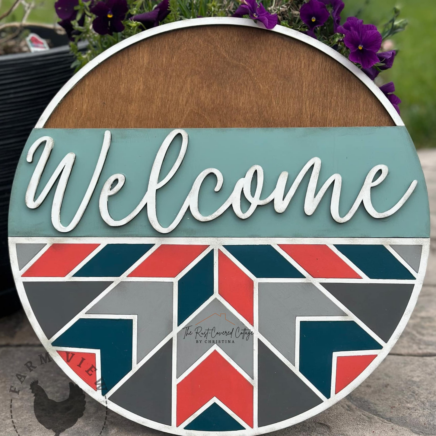 Welcome Stained Glass Quilt Door Hanger – Laser Cut Wood Round in 10.5" or 15"