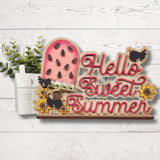 Hello Sweet Summer Watermelon Word Stack DIY Wood Kit – Laser Cut 1/4" Birch | Tiered Tray or Shelf Sitter