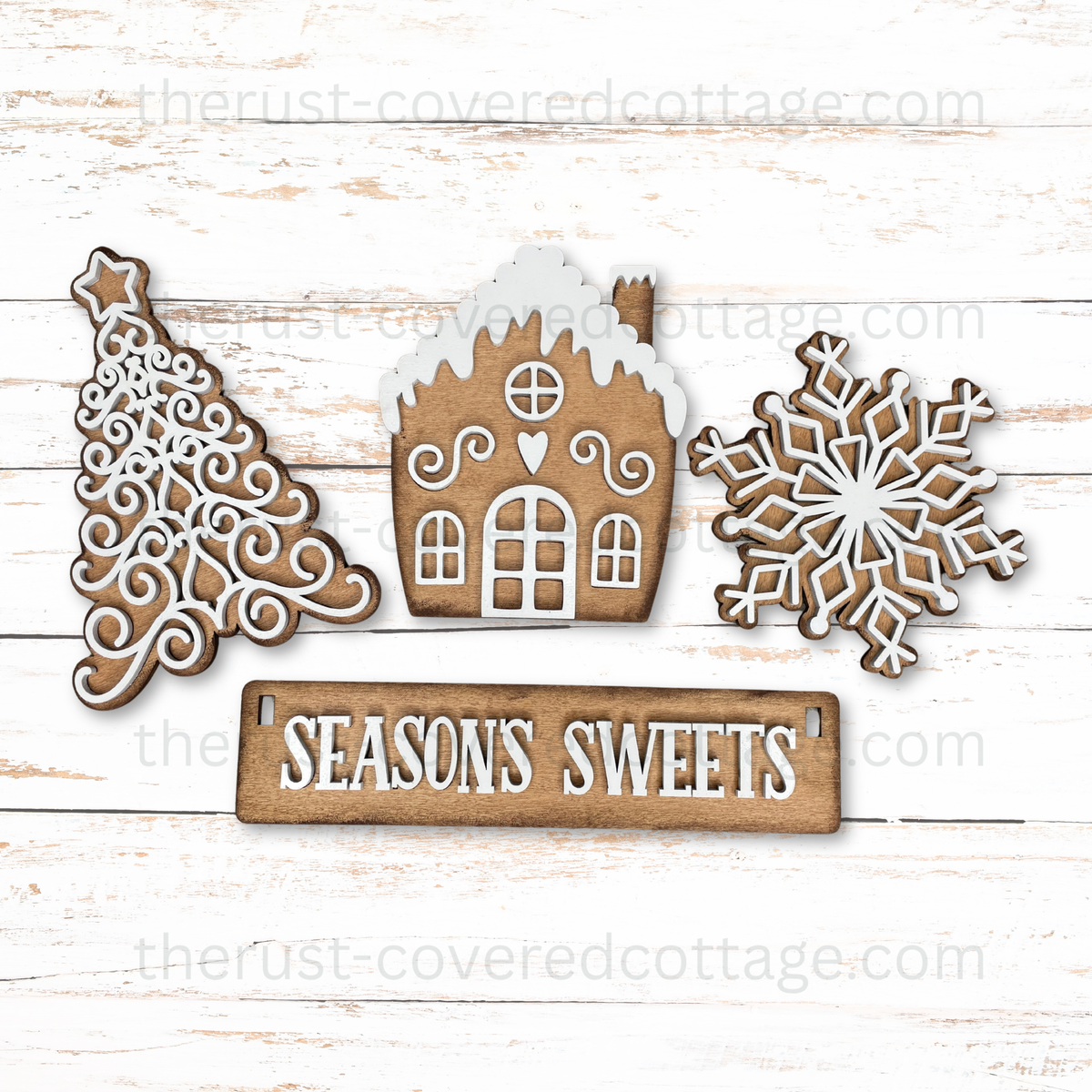 Finished Seasons Sweets Insert with gingerbread house decorative Christmas tree snowflake and Seasons Sweets sign