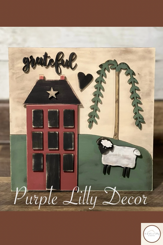 Prim Saltbox House with Sheep