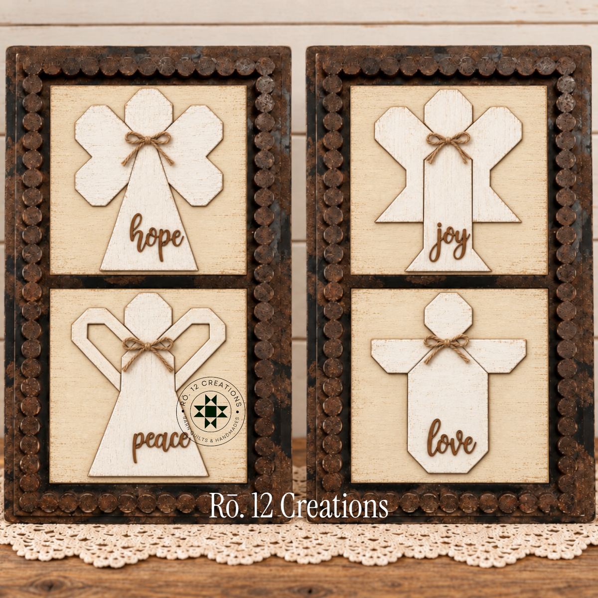 Finished Advent Angels Mini Quilt Blocks by Rō.12 Creations featuring Joy Hope Peace and Love angels