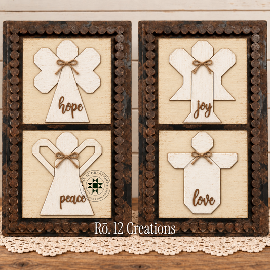 Finished Advent Angels Mini Quilt Blocks by Rō.12 Creations featuring Joy Hope Peace and Love angels