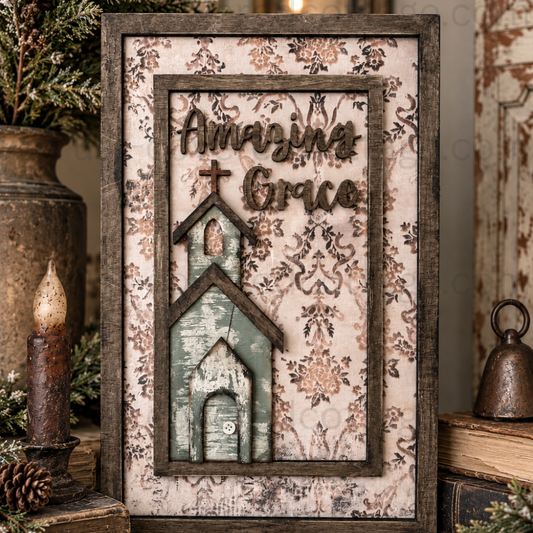 Finished Amazing Grace Church Sign featuring distressed sage green wooden church accents, raised lettering, and a vintage floral background, styled on a rustic farmhouse shelf with greenery and an unlit candle.
