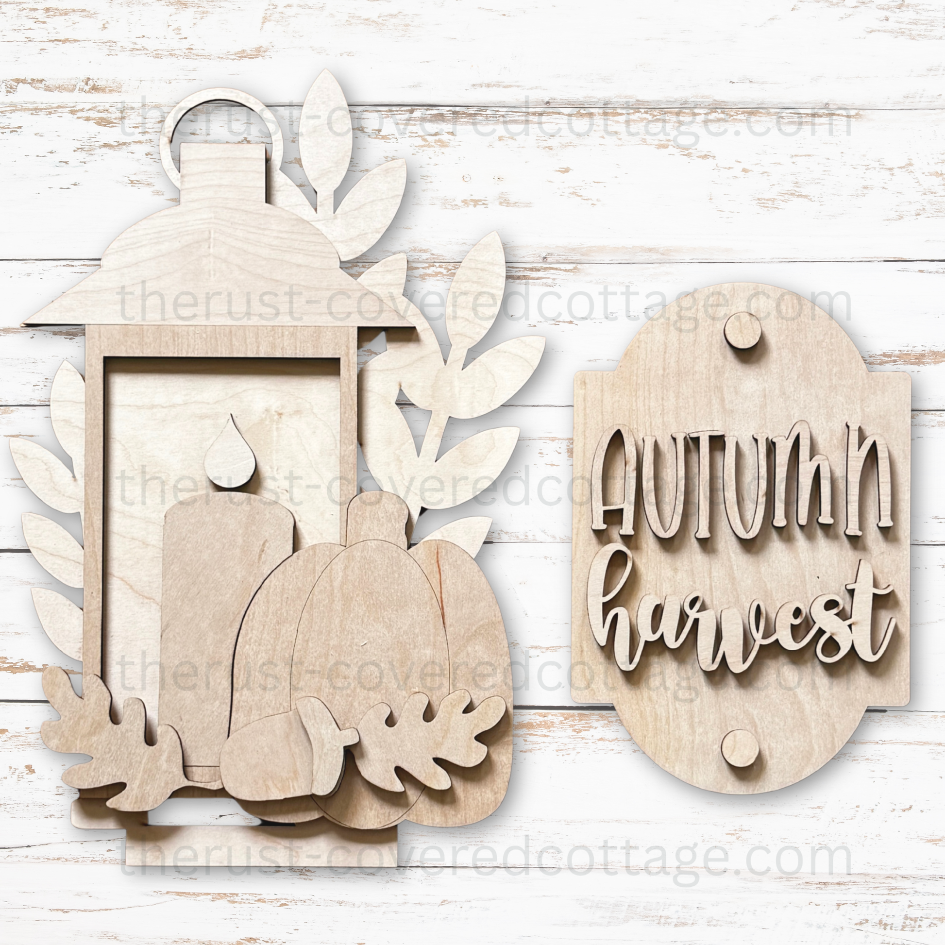 Unfinished Autumn Harvest Porch Leaner Insert DIY wood kit featuring a layered lantern, pumpkins, fall leaves and coordinating sign